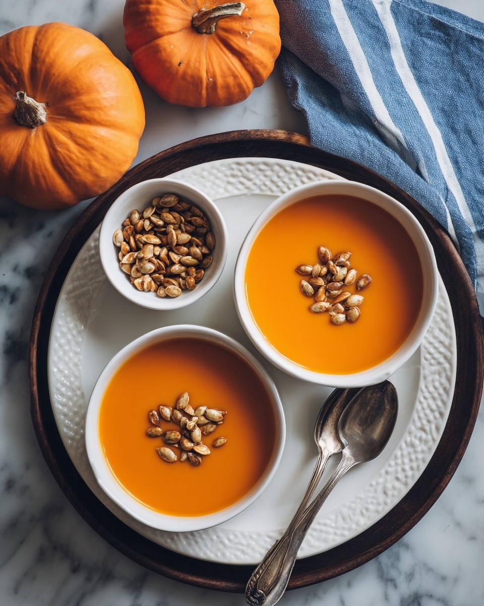 Two bowls filled with thick, smooth orange pumpkin soup topped with scattered light brown toasted pumpkin seeds sit on a white plate with textured patterns, which rests on a larger dark round tray. Next to the bowls, a small white bowl filled with toasted pumpkin seeds and a silver spoon are seen. Two whole orange pumpkins and a blue cloth with white stripes are in the background on a white marbled surface. photo taken with an iphone --ar 4:5 --v 7
