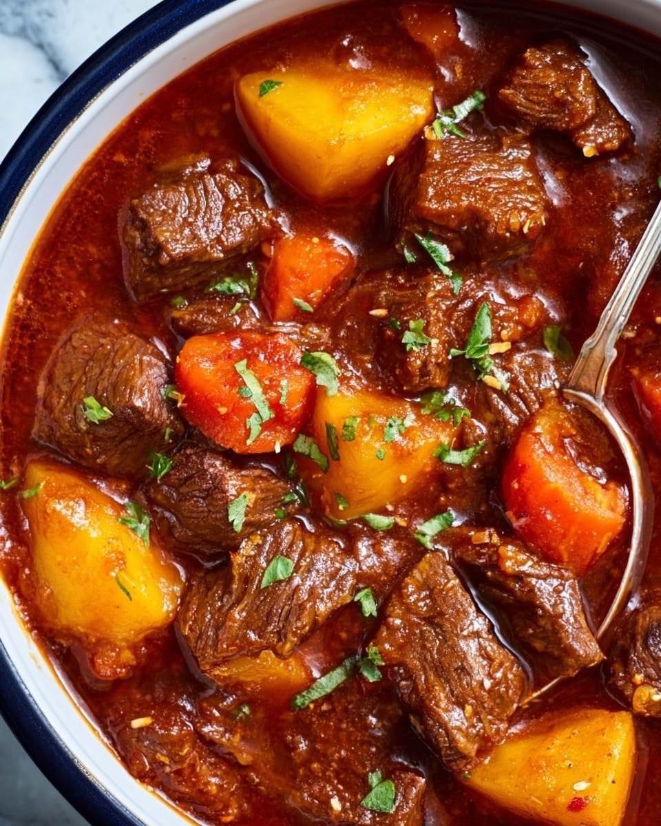A bowl of rich beef stew with chunks of tender dark brown beef, orange carrot slices, and yellow potato pieces all covered in thick reddish-brown sauce. The bowl is deep blue and sits in the center of a large white plate decorated with bold, colorful floral designs in red, orange, yellow, green, and blue. The bowl and plate are placed on a wooden board, which is set on a white marbled texture surface. Some green herb pieces are sprinkled on top of the stew and scattered on the surface nearby. photo taken with an iphone --ar 4:5 --v 7