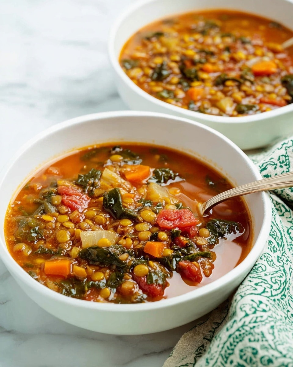 Two white bowls filled with thick vegetable lentil soup are shown on a white marbled surface. The soup has a deep reddish-orange broth with visible layers of cooked yellow lentils, green leafy vegetables, small chunks of orange carrot, and pieces of red tomato. One bowl is in the foreground with a silver spoon resting inside, reflecting some light from the broth, and the second bowl is slightly blurred in the background. A green and white patterned cloth napkin is partly visible at the right edge. photo taken with an iphone --ar 4:5 --v 7