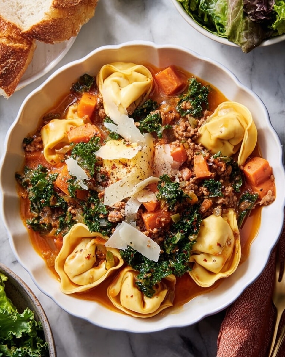 A white scalloped bowl filled with a warm tortellini soup featuring three layers: a base layer of chunky orange carrots and tomato pieces in broth, a middle layer of round, folded tortellini pasta with a golden-yellow hue, and a top layer sprinkled with dark green kale leaves and bits of browned ground meat, finished with thin pale yellow shavings of cheese scattered on top. The bowl sits on a white marbled surface, surrounded by a piece of bread and a partially visible bowl with a leafy green salad. photo taken with an iphone --ar 4:5 --v 7