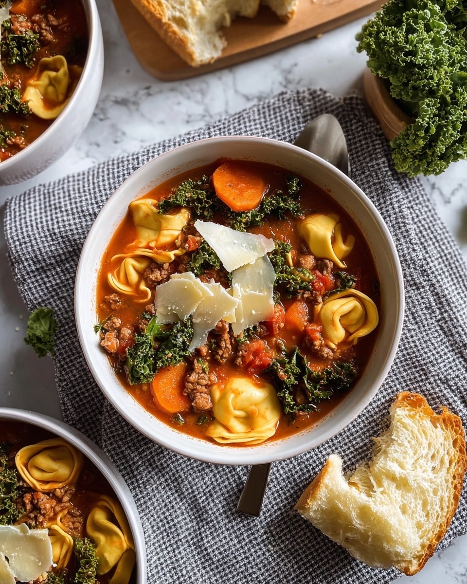 The image shows a white bowl filled with a rich red broth containing three layers of ingredients: the base layer has tortellini pasta in a yellow color with smooth texture, the middle layer has bright orange carrot slices and small chunks of cooked ground meat, and the top layer is garnished with dark green leafy kale and pale yellow thin slices of cheese, all presented on a gray checkered cloth over a white marbled surface. Next to the bowl, there is a piece of torn golden brown bread with a soft inside texture and another white bowl partly visible with similar soup and a bowl of fresh kale leaves nearby. Photo taken with an iphone --ar 4:5 --v 7