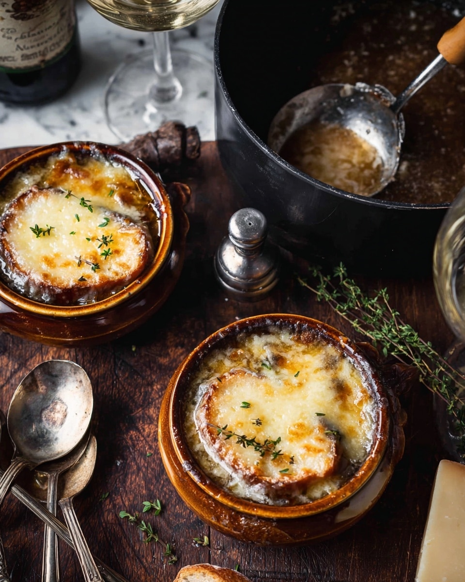 Two brown ceramic bowls each filled with French onion soup, showing a top layer of melted, golden cheese with some bubbling edges and small green herb sprigs scattered on top. Each bowl holds a toasted, browned bread slice covered in cheese resting just below the surface. In the upper part of the image is a black pot with dark brown onion soup being ladled out with a metal spoon that has a wooden handle. The setting is on a dark wooden table with two old silver spoons, a glass of white wine, a small vintage pepper shaker, and some scattered fresh thyme leaves. The background is a white marbled texture. photo taken with an iphone --ar 4:5 --v 7
