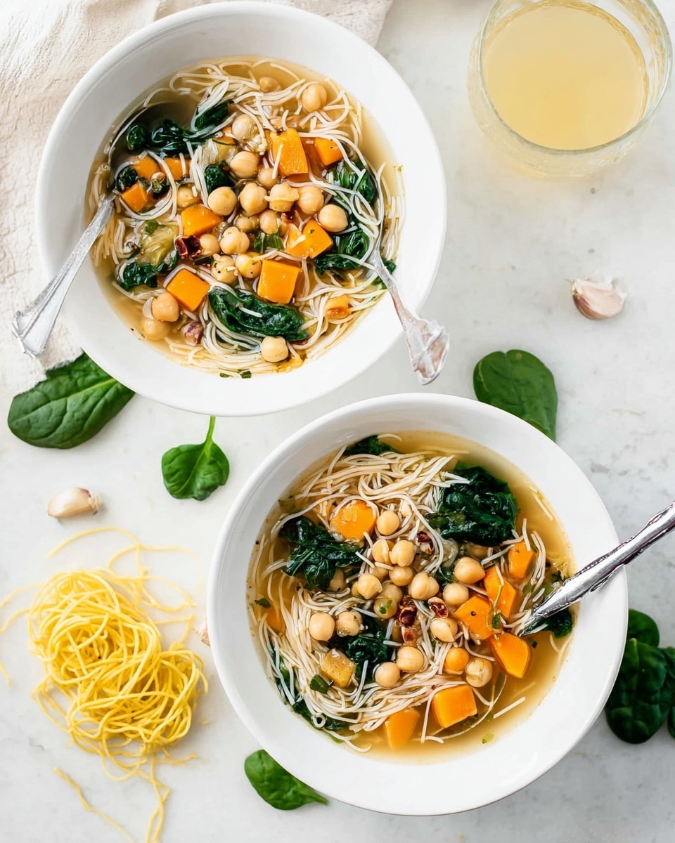 A white bowl filled with clear broth soup containing three main layers: the bottom layer is light brown and transparent broth; the middle layer includes light beige noodles tangled and floating; the top layer has bright orange cubed vegetables, pale beige chickpeas, and dark green leafy spinach scattered on top. A silver spoon dips into the soup with noodles wrapped around it. The bowl is set on a white marbled surface with garlic cloves nearby. Photo taken with an iphone --ar 4:5 --v 7