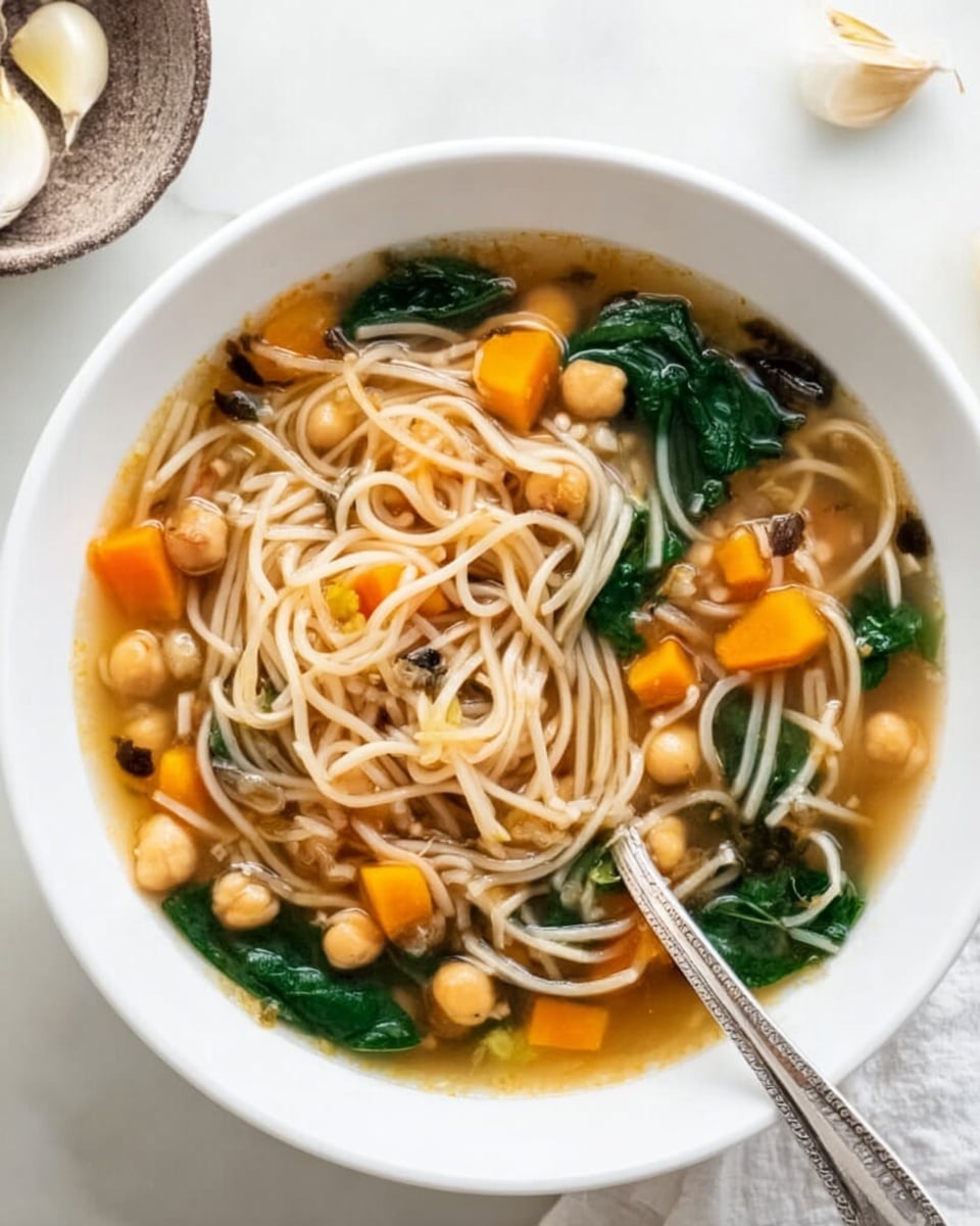 Two white bowls of clear broth soup with visible layers including light beige thin noodles twisting through the bowls, bright orange diced carrots, pale beige chickpeas, and dark green spinach leaves floating on top. Each bowl has a silver spoon resting inside, one placed at the top right and the other at the bottom right. The bowls sit on a white marbled surface scattered with a few green spinach leaves, small garlic cloves, loose noodles, and a nest of uncooked thin yellow noodles. A glass of pale yellow broth is positioned near the bottom left bowl. The overall look is fresh and simple with distinct colors in each layer. photo taken with an iphone --ar 4:5 --v 7