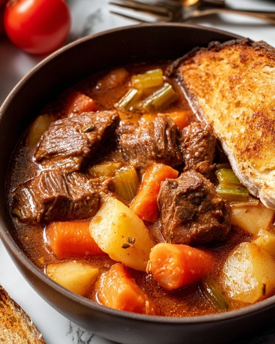 The dish shows a stew served in a white bowl filled with several thick layers. The bottom layer consists of a creamy, orange-brown broth with a smooth, slightly oily texture. On top of this, there are multiple large chunks of brown cooked beef, some with a glossy finish from the sauce. Mixed in are orange carrot pieces, light yellow potato chunks, and pale green celery sticks, all appearing soft and tender. A black ladle lifts one piece of beef covered in sauce, highlighting the rich, hearty texture of the stew. The background has a white marbled texture with a bowl of red tomatoes partially visible out of focus. Photo taken with an iphone --ar 4:5 --v 7