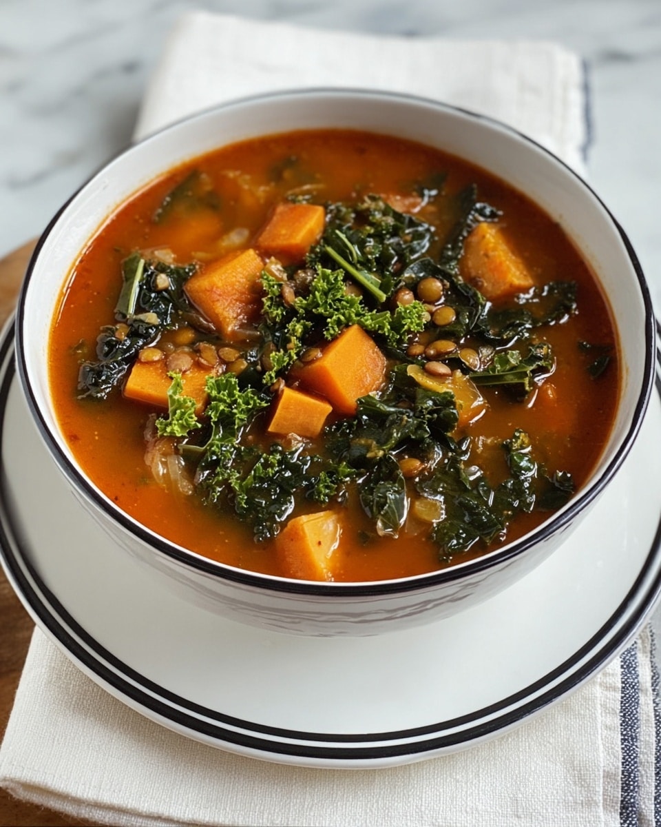A white bowl with black trim is filled with a thick, tomato-based soup that has three main layers. The bottom layer is a rich red-orange broth with a smooth texture. Floating on top are medium-sized chunks of bright orange sweet potato and small slices of carrot. Scattered throughout the soup are tender, dark green kale leaves with visible stems, adding texture and color contrast. Some small bits of onion and lentils are mixed within, enhancing the appearance of hearty ingredients. The bowl sits on a white plate with black trim, placed on a white marbled surface with a folded white cloth underneath. photo taken with an iphone --ar 4:5 --v 7