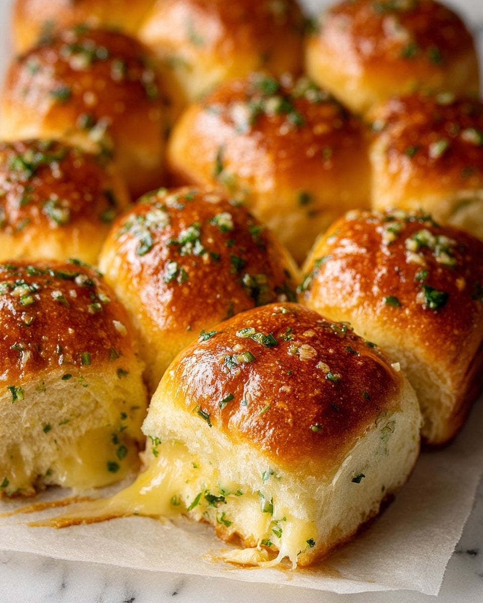 The image shows a group of nine golden-brown dinner rolls arranged in a close grid on white parchment paper, placed on a white marbled surface. Each roll has a shiny, smooth top sprinkled with small bits of green herbs and minced garlic. The rolls are soft and fluffy with a slightly toasted texture. Inside each roll, there is a layer of melted light-yellow cheese and a round, light brown patty peeking slightly out. The cheese looks gooey and rich, melting slightly over the edges of the patty. The overall appearance is warm, fresh, and appetizing. photo taken with an iphone --ar 4:5 --v 7
