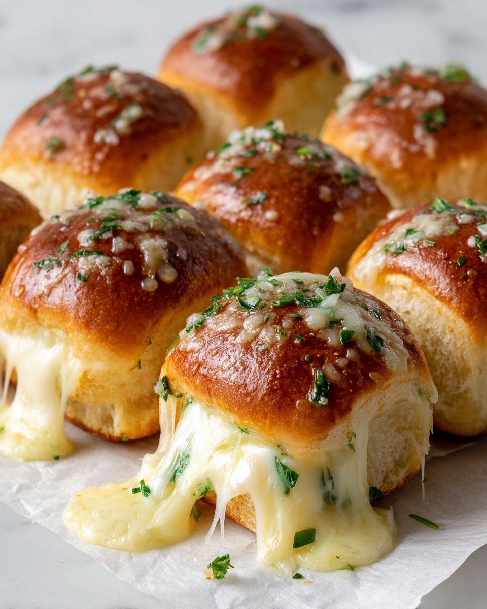 A batch of eleven soft, golden brown sandwich sliders sits closely together on white parchment paper, placed on a white marbled texture. Each slider is topped with small green herb pieces and bits of garlic. The sandwiches show melted cheese stretching between some of the buns, with gooey yellow cheese oozing out from inside. The buns are shiny and smooth, and you can see layers of cheese and thin slices of meat inside each slider. The sliders are slightly pulled apart at the edges, giving a warm and cheesy look. photo taken with an iphone --ar 4:5 --v 7