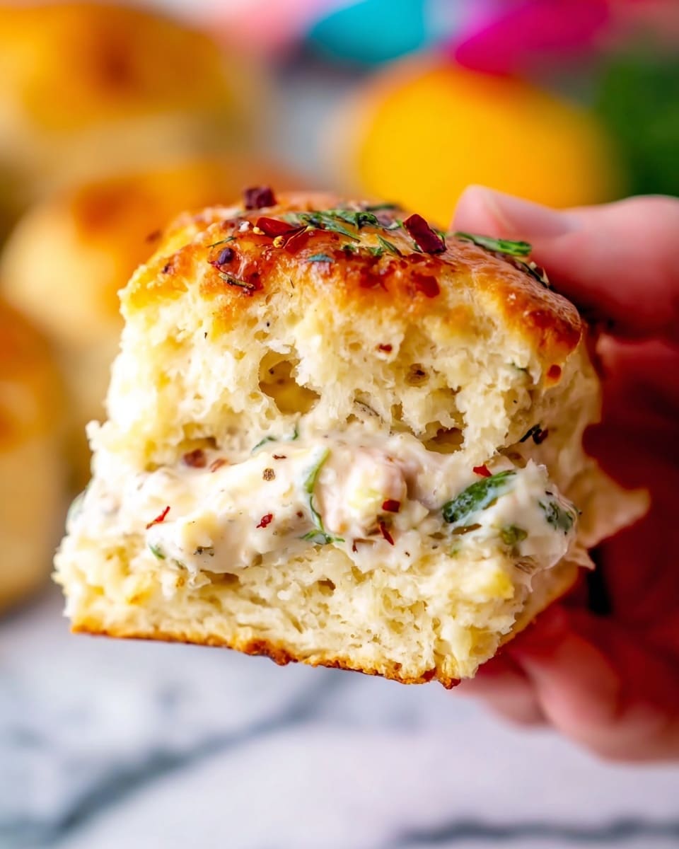 A close-up of a sandwich held by a woman's hand shows a thick biscuit cut in half, with a golden-brown top sprinkled with herbs and small red flakes. Inside, there is a creamy white filling mixed with pieces of green herbs and specks of black pepper. The biscuit’s inside is soft and fluffy with a light yellow hue. The background shows a blurred white marbled surface with hints of other biscuits and colorful objects. Photo taken with an iphone --ar 4:5 --v 7