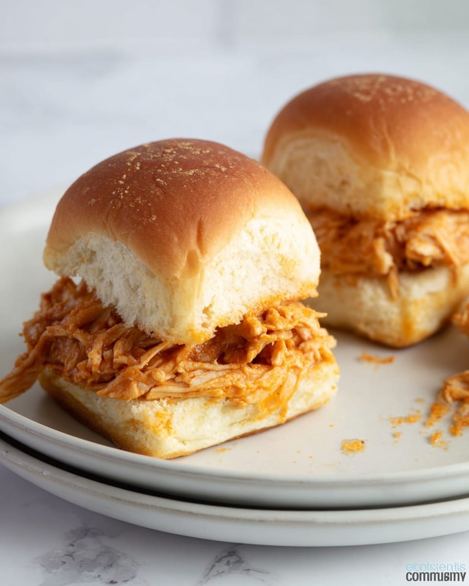Two soft sandwich sliders sit on a white plate with a slightly raised edge and a smooth surface, set against a white marbled background. Each slider has a golden-brown top bun with a slightly textured surface and small crumbs scattered on top. The buns are soft and slightly glossy, with light wrinkles and creases. Inside, the sliders have a thick layer of shredded chicken mixed with orange-colored cheese that is melted and gooey, some chicken and cheese peeking out from the edges. The bottom bun is lightly toasted, slightly paler than the top, creating a distinct base layer. Photo taken with an iphone --ar 4:5 --v 7