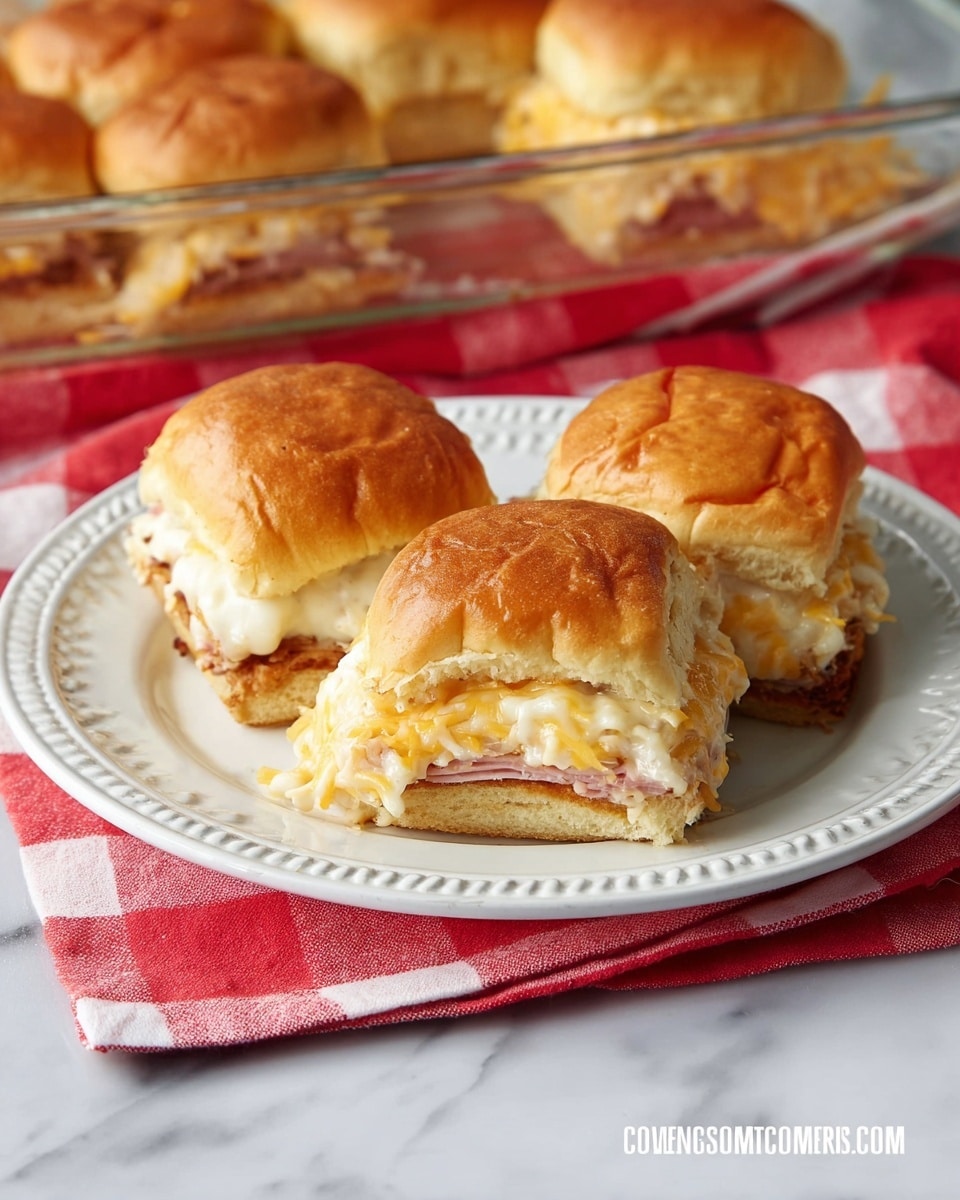 Three small sandwiches are placed on a white plate with delicate raised bead patterns along the edge. Each sandwich has a top layer of a soft, golden brown bun with a slightly wrinkled texture. Below the bun is a thick, creamy layer of white melted cheese mixed with shredded light yellow cheese. Beneath the cheese layer is a thin layer of light pink meat on a browned bottom bun. The plate sits on a red and white checkered cloth, all placed on a white marbled surface. In the background, a glass baking dish with more sandwiches is slightly visible. photo taken with an iphone --ar 4:5 --v 7