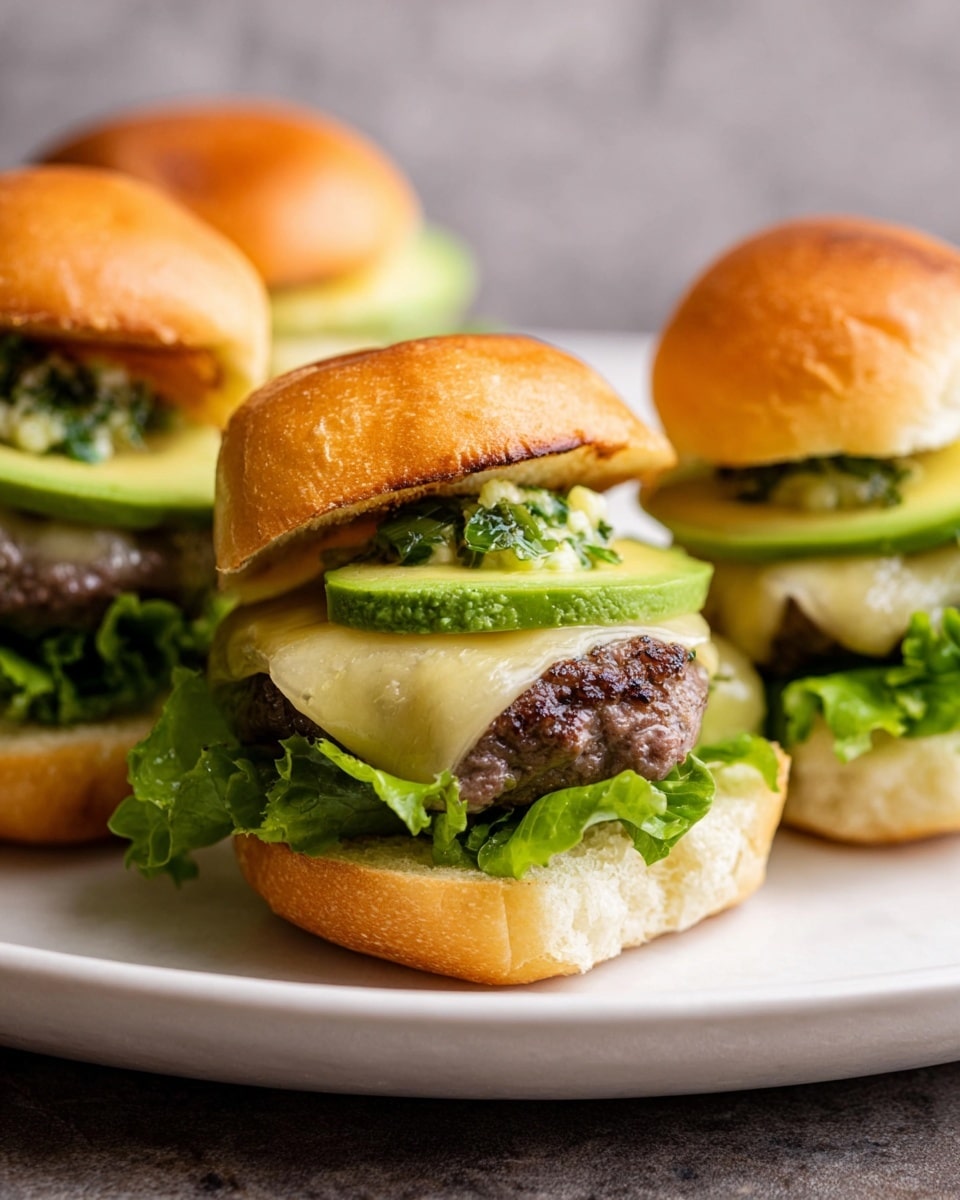The image shows three small square burgers on a white plate set on a white marbled surface. Each burger has a soft, light brown top bun with a smooth texture. The visible layers include fresh green lettuce at the bottom, followed by a cooked brown beef patty. One burger is topped with a light green avocado slice and a dollop of green herb sauce with a chunky texture, resting on a slice of melted pale cheese. The other two burgers have their tops on, hiding their fillings. The arrangement is casual, with one burger slightly open at the top. photo taken with an iphone --ar 4:5 --v 7