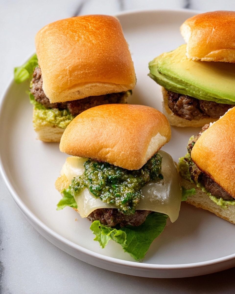 The image shows three small burgers on a white plate with a white marbled surface. Each burger has three main layers stacked inside a soft, slightly toasted golden-brown bun. From the bottom up, there is a bun base with a light and airy texture, followed by fresh green lettuce with a wavy, crisp texture. Above the lettuce is a thick, juicy beef patty with melted light yellow cheese draped smoothly on top. The cheese is topped with thick slices of bright green avocado, and finally, there is a dollop of green sauce with visible herbs and small chili flakes on top of the avocado. The top bun rests slightly tilted on the layers. Photo taken with an iphone --ar 4:5 --v 7