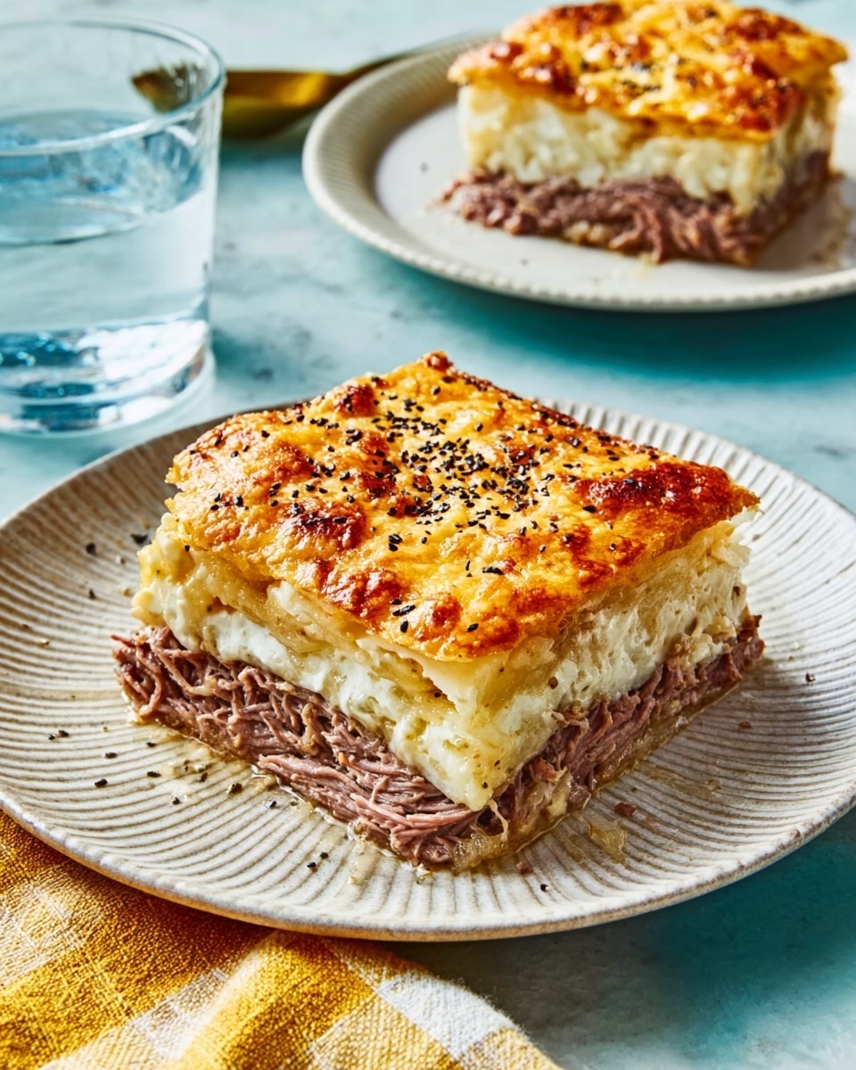 The dish is a square-shaped layered casserole served on a white plate with a blue textured pattern, placed on a white marbled surface. It has two main layers: the bottom layer is thick and shredded, brownish meat with a slightly fibrous texture, while the top layer is golden-brown mashed potatoes with a crispy, slightly rough crust that shows some browned spots, sprinkled with herbs. The background includes another similar plate with a smaller piece of the casserole and glassware next to a folded yellow-checkered cloth. Photo taken with an iphone --ar 4:5 --v 7