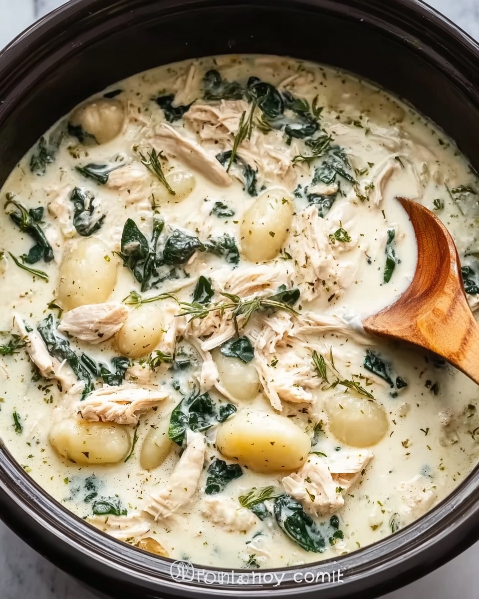 The image shows a close-up of a black pot filled with a creamy white soup, layered with shredded light beige chicken pieces, large gnocchi-like dumplings, and dark green leafy vegetables mixed throughout. A light brown wooden spoon is partly submerged in the soup, resting on the right side of the pot. The creamy liquid is smooth with a slightly glossy texture, and the greens and chicken chunks float evenly on the surface. The pot sits on a white marbled surface, creating a clean and bright background. photo taken with an iphone --ar 4:5 --v 7