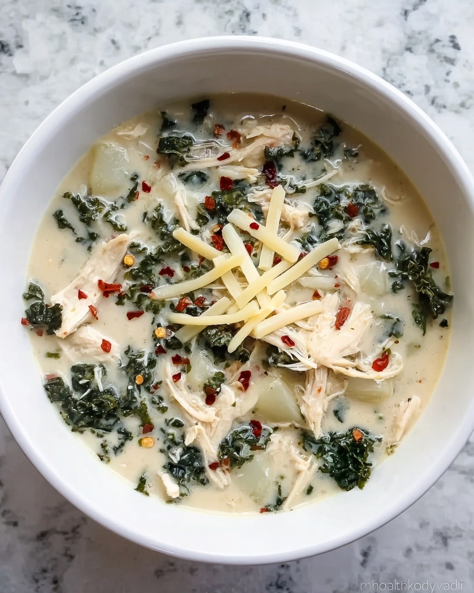 A white bowl filled with a creamy soup that has several layers and textures, starting with a base of smooth, light cream-colored broth. Floating within the broth are soft, round pieces of pale potato and tender, shredded white chicken. Dark green leafy kale is spread evenly throughout, adding a contrasting texture and color. Thin, light yellow strips of grated cheese are scattered on top along with small bits of red chili flakes that add small pops of color and spice. The bowl is set on a white marbled surface that brightens the overall look of the dish. photo taken with an iphone --ar 4:5 --v 7