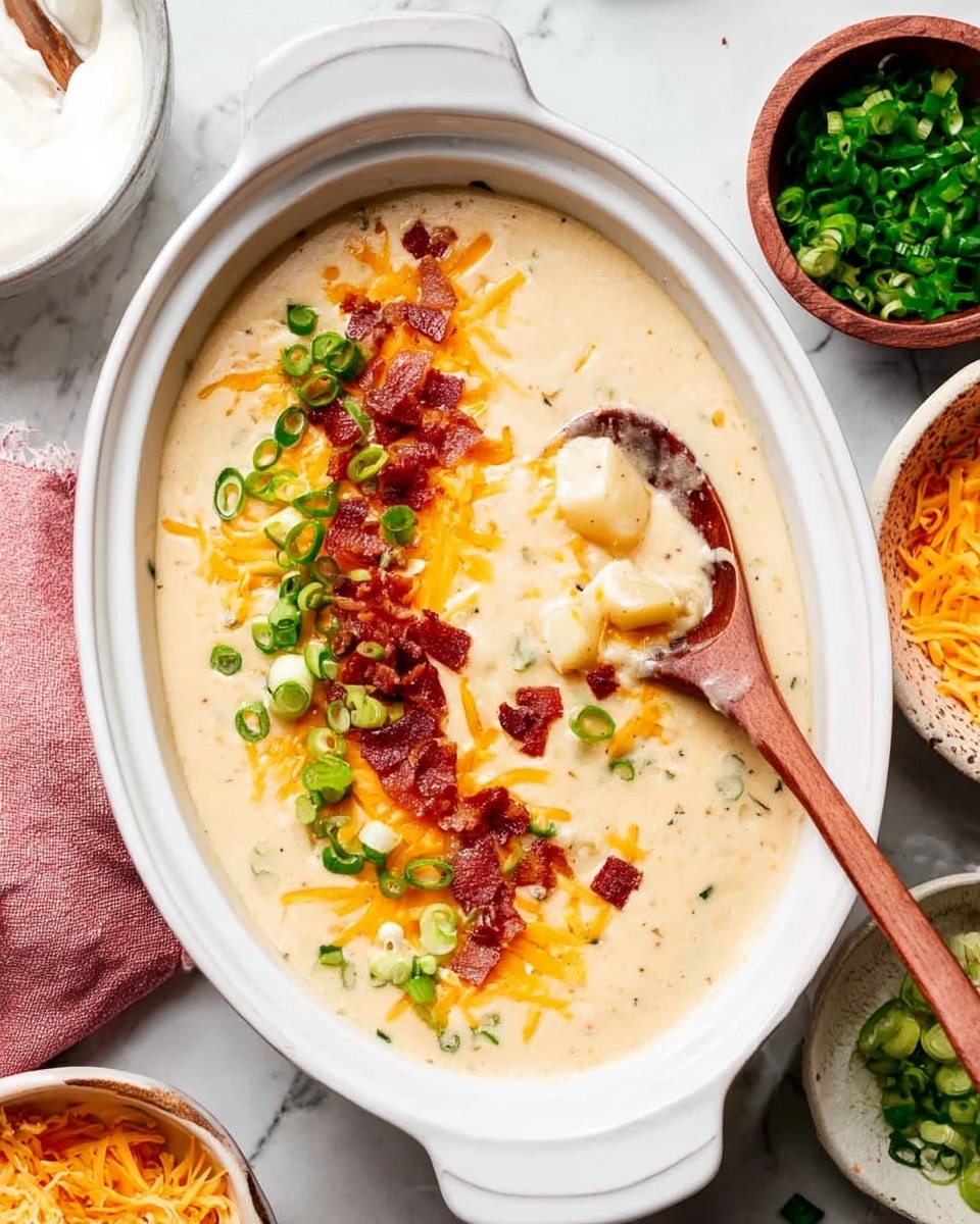 A white oval dish filled with creamy beige soup, topped with shredded orange cheese, small pieces of crispy brown bacon, and bright green sliced scallions arranged on one side; inside the soup, a wooden spoon rests with some soup and toppings scooped up, showing soft potato chunks; the dish is set on a white marbled surface with a bowl of green scallions and a bowl of shredded orange cheese nearby, as well as a bowl of white sour cream in the top left corner, with a pink cloth partially visible; photo taken with an iphone --ar 4:5 --v 7
