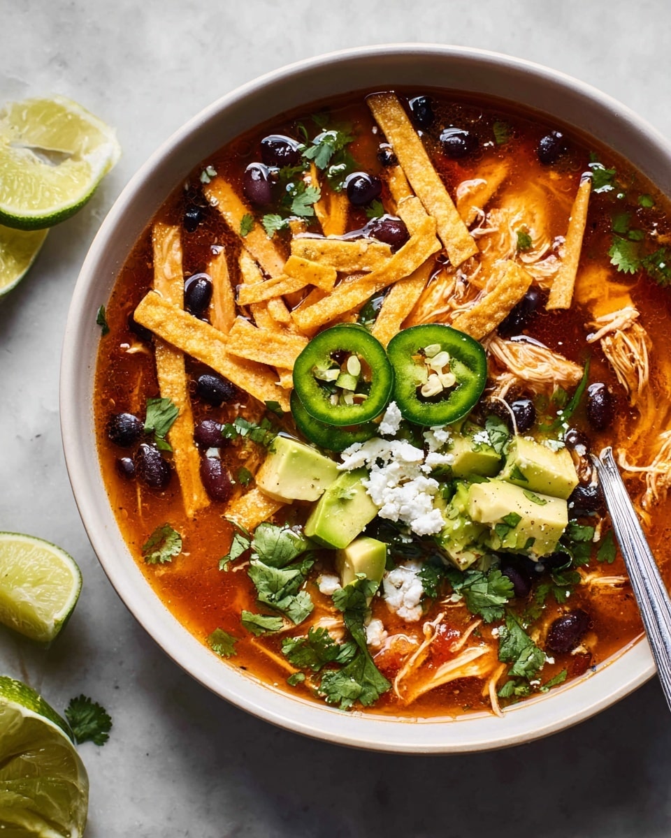 A white bowl filled with a rich, reddish-brown chicken soup base that contains shredded chicken and black beans. On top, there are thin, crispy tortilla strips scattered around, adding a golden-yellow crunchy layer. Fresh green avocado chunks and slices of bright green jalapeño rings sit near the surface. Dollops of white sour cream with a crumbly texture are spread alongside fresh green cilantro leaves. A wedge of lime sits on one side, adding a pop of light green, and a silver spoon rests inside the bowl. The bowl is placed on a white marbled surface with a small piece of cilantro nearby. Photo taken with an iphone --ar 4:5 --v 7