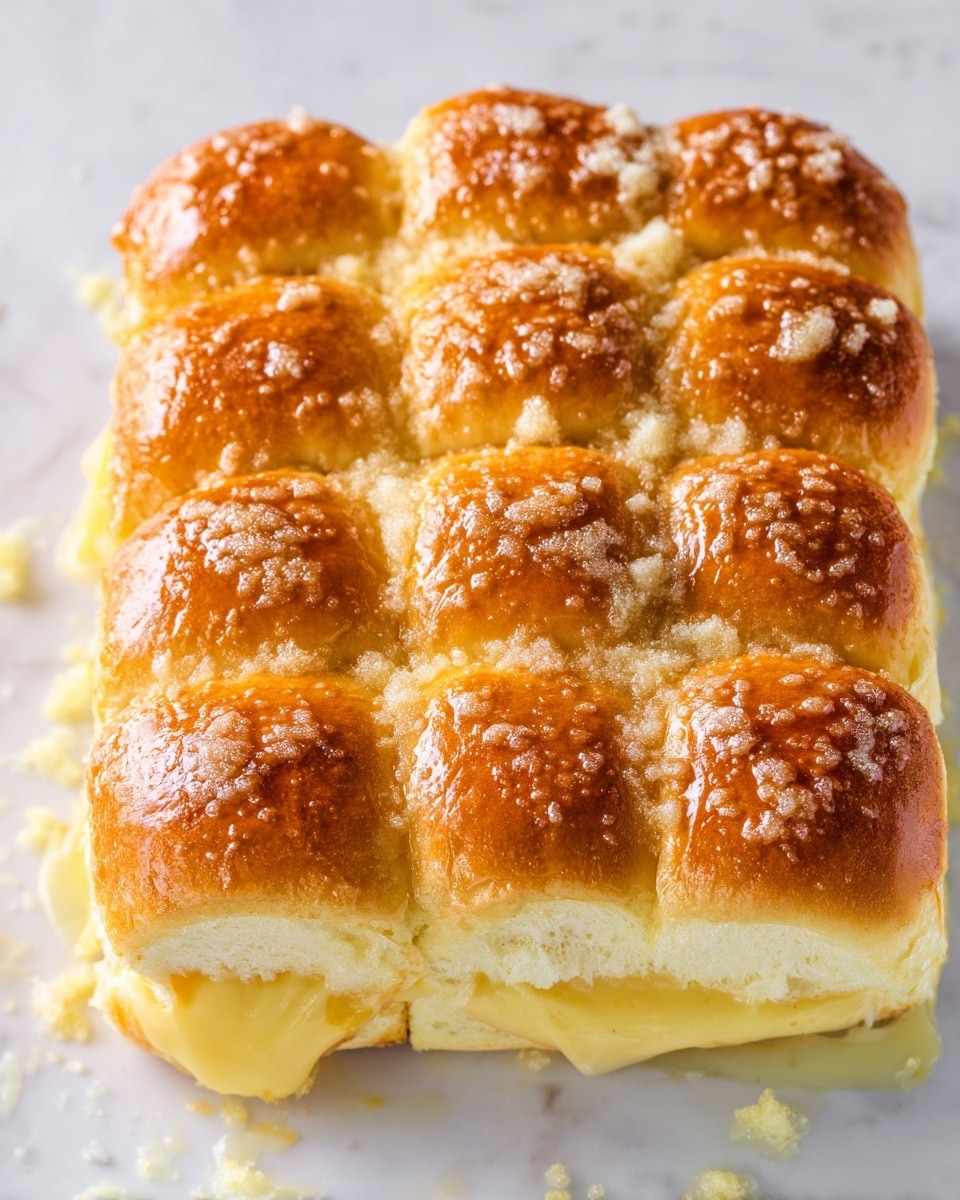 The image shows a close-up of a rectangular cluster of twelve golden-brown sandwich rolls arranged in three columns and four rows on a white marbled surface. The rolls are soft and shiny with a light glaze and are topped with a crumbly layer of pale yellow butter mixed with sugar, which is spread unevenly and melts slightly into the creases between the rolls. Soft, creamy layers of pale yellow cheese are sandwiched between the rolls, visible at the edges where the rolls meet. Small crumbs and melted butter bits surround the cluster on the surface. photo taken with an iphone --ar 4:5 --v 7