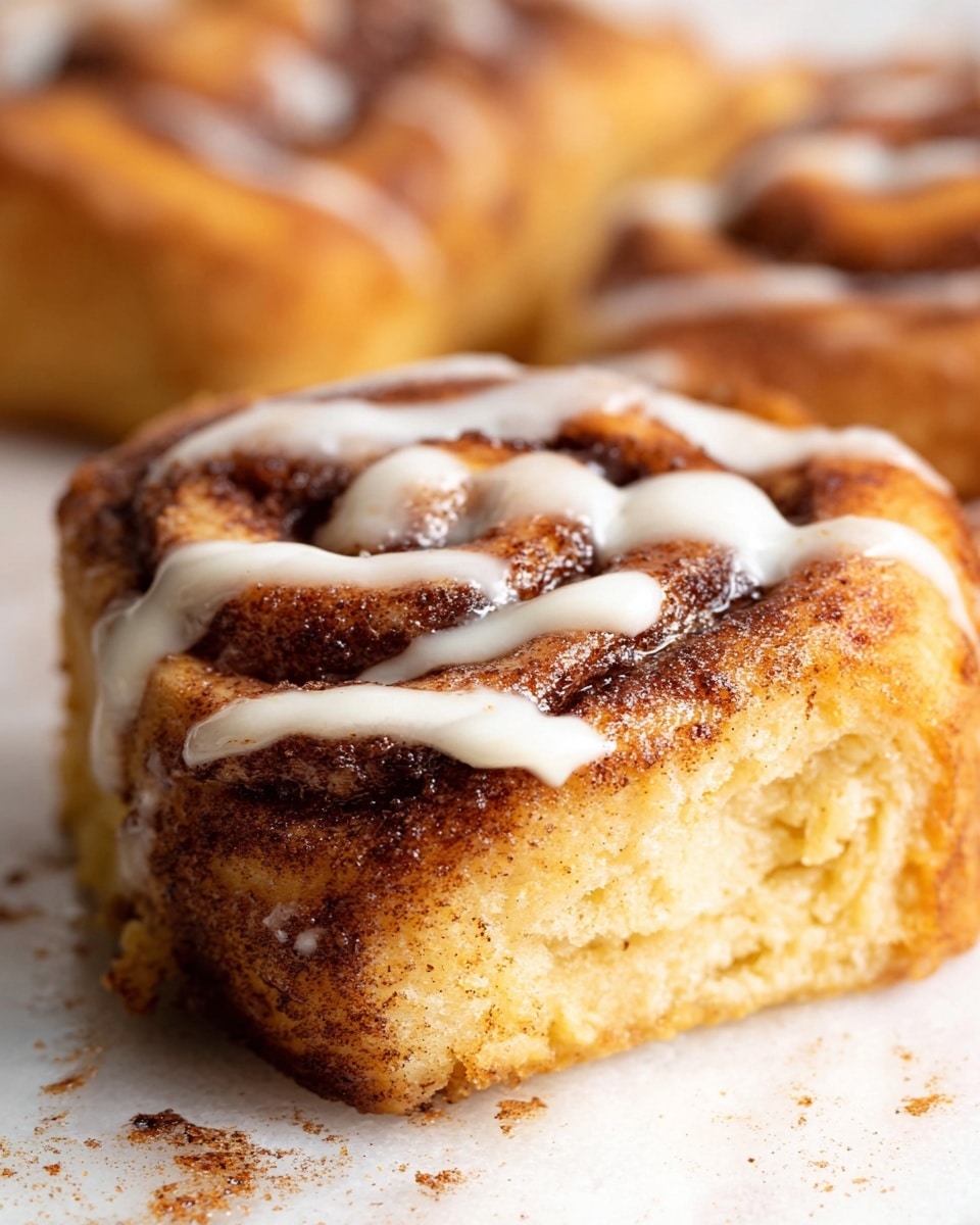 A close-up view of a single cinnamon roll showing two main layers: the soft, golden-brown dough base with a slightly textured surface, and a darker, rich cinnamon-sugar swirl on top. The cinnamon layer has a deep brown color with a slightly caramelized look. There is a creamy white icing drizzled unevenly over the top, adding a smooth texture contrast. The cinnamon roll is resting directly on a white marbled surface with visible crumbs nearby. The background is softly blurred with similar cinnamon rolls. photo taken with an iphone --ar 4:5 --v 7
