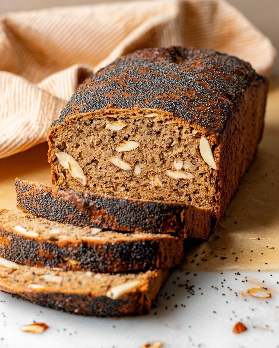 A loaf of sliced bread displayed on a white marbled surface with a light brown striped cloth in the background. The bread has a dark brown crust coated with small black poppy seeds on the top. Inside, the bread is a dense, warm brown color with visible light almond slivers scattered throughout the soft texture. The slices are medium thickness, some laying flat while others lean slightly against the loaf. Small poppy seeds and almond flakes are scattered around the bread on the surface. Photo taken with an iphone --ar 4:5 --v 7