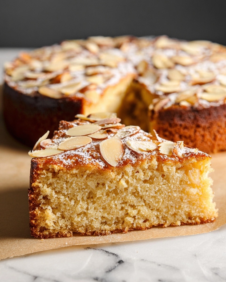 A round cake with one thick dark golden brown layer topped heavily with thin sliced toasted almonds that cover the entire surface, with a light dusting of powdered sugar. Two triangular slices are cut and slightly pulled out, showing the dense, moist yellow interior with almond flakes on top. The cake rests directly on a white marbled surface with some almond slices and powdered sugar scattered around. A wedge of lemon and an almond can be seen near the top edge. Photo taken with an iphone --ar 4:5 --v 7