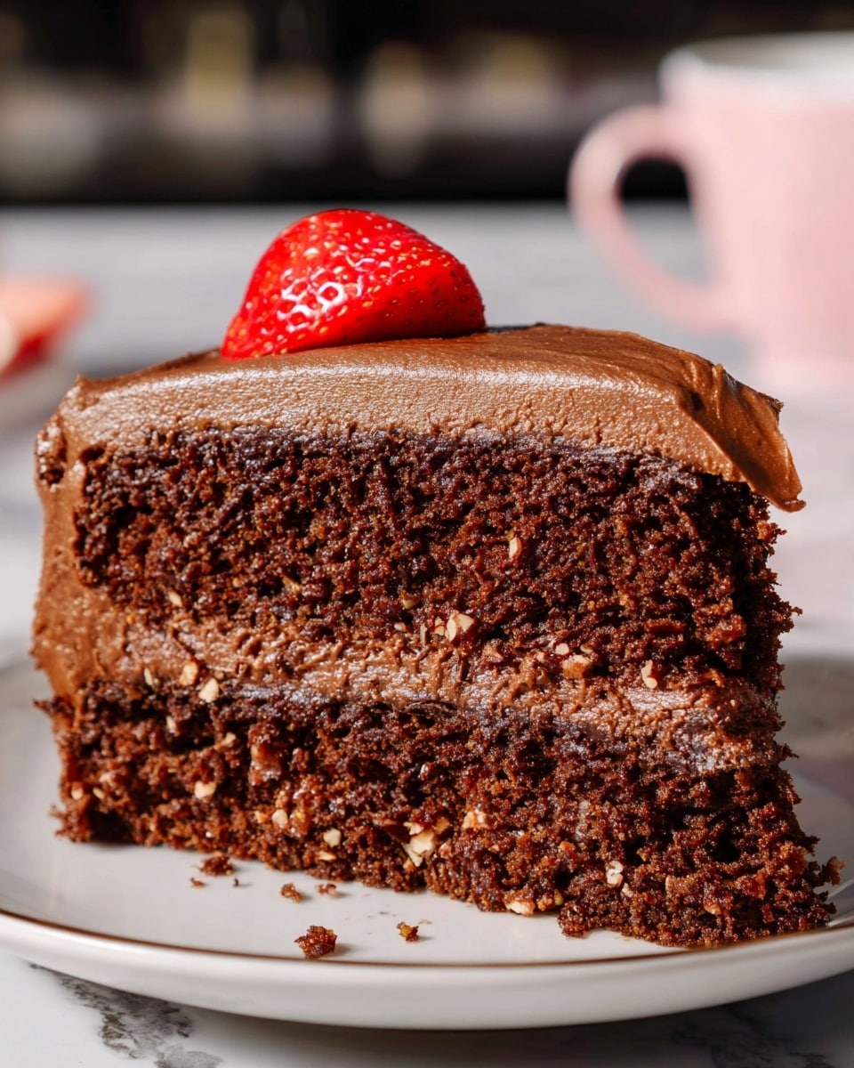 A slice of two-layer chocolate cake is shown on a white plate, each layer of the cake is dense and moist with a dark brown, slightly crumbly texture filled with tiny bits. Between the layers and on top is a thick, smooth spread of chocolate frosting with a shiny, creamy surface. A bright red strawberry half, glossy and juicy, rests on top of the cake near the back. The plate sits on a white marbled texture surface with a blurred background that includes a pink cup. Photo taken with an iphone --ar 4:5 --v 7