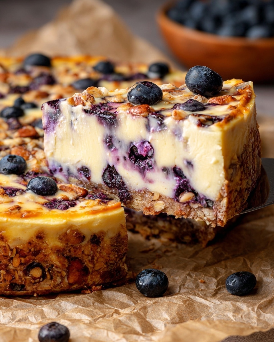 The image shows a thick blueberry cheesecake slice being lifted from a larger cheesecake on crumpled brown paper with scattered blueberries around. The cheesecake has two distinct layers: the top creamy layer is pale yellow with whole and partially visible dark purple blueberries embedded within, featuring a smooth and slightly golden surface with a soft texture, while the bottom crust layer is thick and dense, composed of golden-brown toasted oats and nuts, creating a rough, crunchy texture. The cheesecake edges are browned and slightly uneven. Photo taken with an iphone --ar 4:5 --v 7
