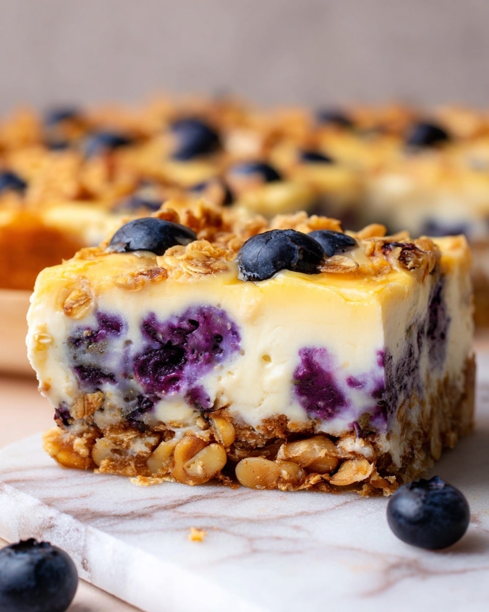 The image shows a close-up of a blueberry cheesecake bar with two visible layers on a white marbled surface. The bottom layer is chunky and golden brown, made of toasted oats and nuts, giving a crunchy texture. The top layer is thick, creamy, and pale yellow with embedded whole blueberries that add purple and dark blue spots throughout. The edges of the cheesecake show slight browning, giving a baked look, and there are a few loose blueberries scattered around. Photo taken with an iphone --ar 4:5 --v 7