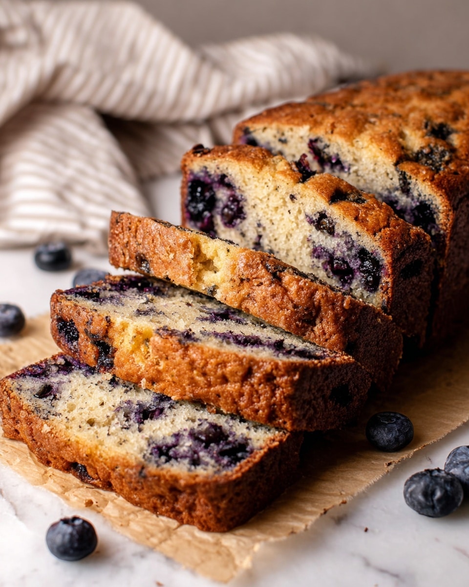 A loaf of blueberry bread is sliced into five thick pieces arranged in a row, showing a soft, light golden interior with a slightly grainy texture. Dark purple blueberry pieces are scattered throughout the bread, some near the crust and others embedded inside, creating bursts of deep color. The crust is a rich brown, slightly crispy and uneven, wrapping around the loaf. The bread sits on light brown parchment paper with a few loose blueberries nearby, all set on a white marbled surface with a cream-striped cloth softly folded in the background. photo taken with an iphone --ar 4:5 --v 7