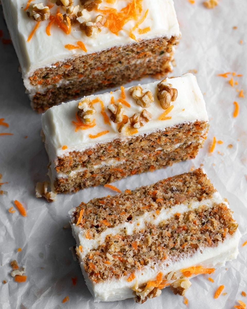 The image shows three slices of a layered carrot cake on white parchment paper over a white marbled texture. Each slice has two thick cake layers with visible bits of carrot and nuts, brownish in color, and a thick white creamy frosting layer sandwiched between them. The top slice shows the smooth white frosting decorated with small walnut pieces and shredded orange carrot. There are small crumbs and bits of carrot scattered around the slices on the background. Photo taken with an iphone --ar 4:5 --v 7