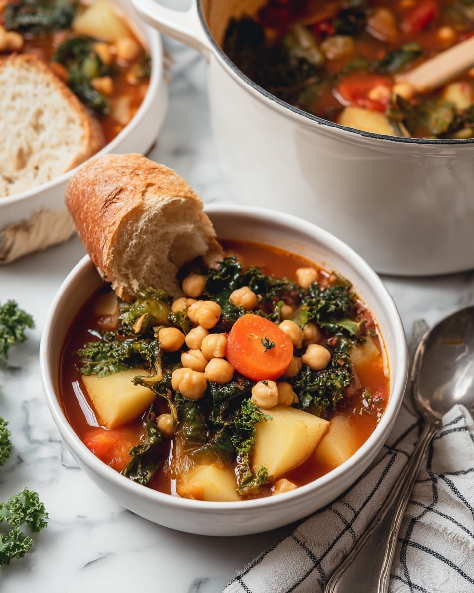A white bowl filled with a chunky vegetable stew layered with light beige chickpeas on top, soft orange carrot slices, bright green kale leaves, and pale yellow potato cubes, all sitting in a rich reddish-brown broth; a piece of crusty light brown bread rests on the rim of the bowl. Behind it is a white pot holding more of the stew with the same visible ingredients. The setup is on a white marbled surface with a folded checkered cloth and a silver spoon nearby. photo taken with an iphone --ar 4:5 --v 7