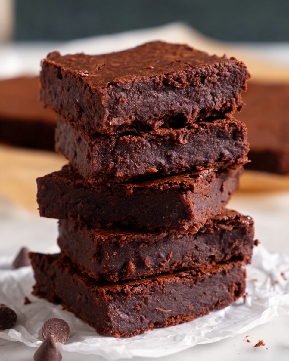 A stack of four thick, soft, dark brown brownies with a slightly cracked top layer, showing a moist and chewy texture inside. The brownies rest on crumpled white parchment paper, with a larger, uncut brownie in the background. Small chocolate chips are scattered near the base of the stack, all set on a white marbled surface. Photo taken with an iphone --ar 4:5 --v 7