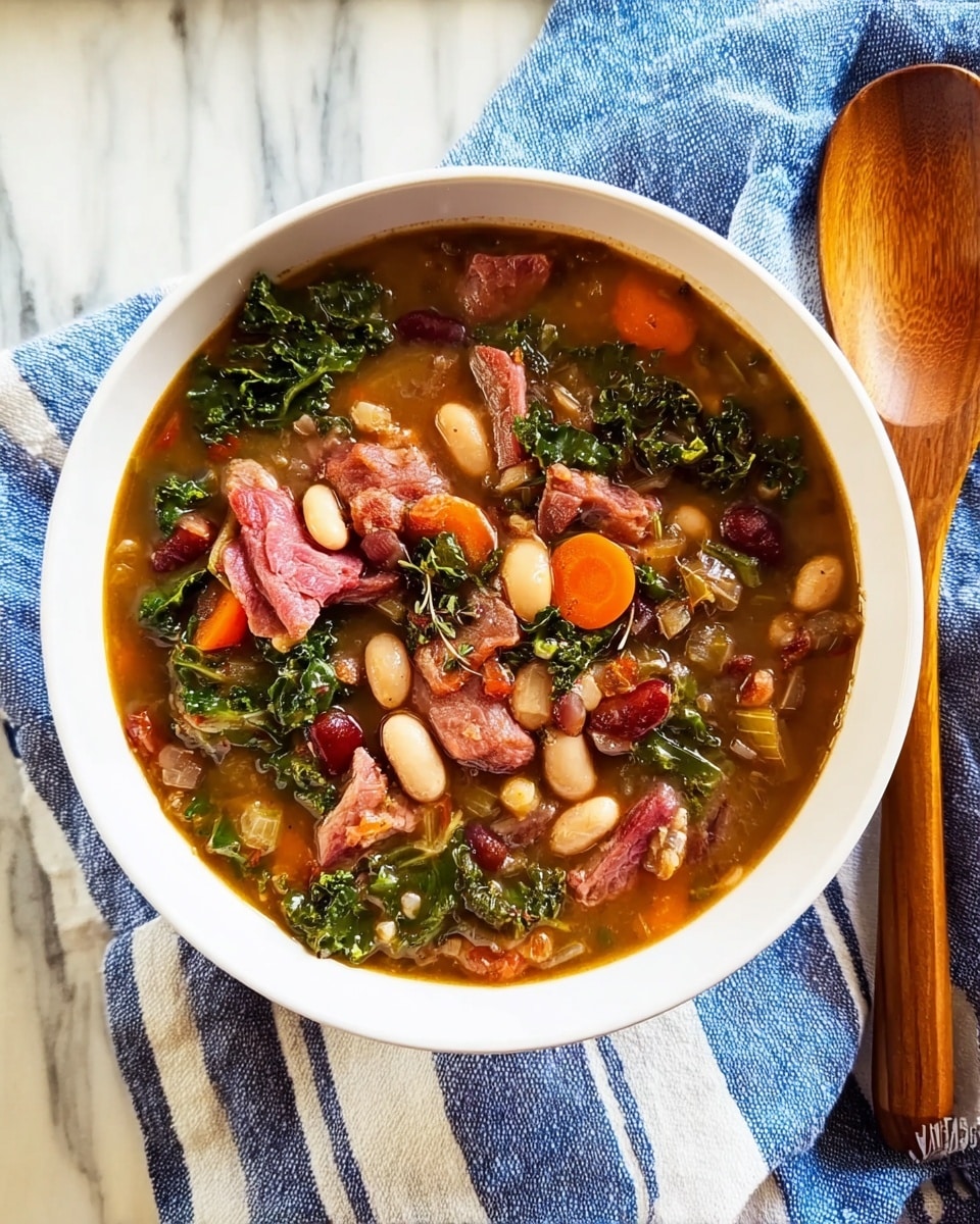 A white bowl filled with a thick stew featuring multiple layers of ingredients: at the bottom is a rich, brownish broth; visible throughout are soft, small round orange carrot slices and various white and red beans adding specks of off-white and deep red; scattered on top are pieces of pinkish cooked meat with some browned edges; leafy dark green kale is mixed in, adding texture and color contrast; the bowl sits on a white marbled surface covered partially with a blue and white striped cloth; to the right of the bowl is a wooden spoon with a smooth texture, resting on the cloth. photo taken with an iphone --ar 4:5 --v 7