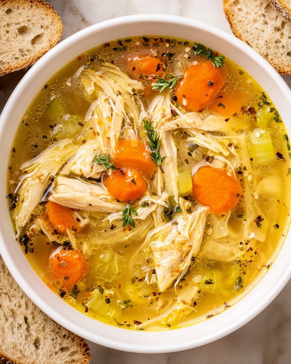 A white bowl filled with clear golden broth that has a slight oily sheen on top, containing layers of shredded light yellow chicken pieces scattered throughout. Bright orange carrot slices and small pieces of green celery are mixed in, adding color contrast. Small black pepper flakes and herbs are sprinkled on the surface, floating evenly. The bowl is placed on a white marbled texture, next to sliced light brown crusty bread. photo taken with an iphone --ar 4:5 --v 7