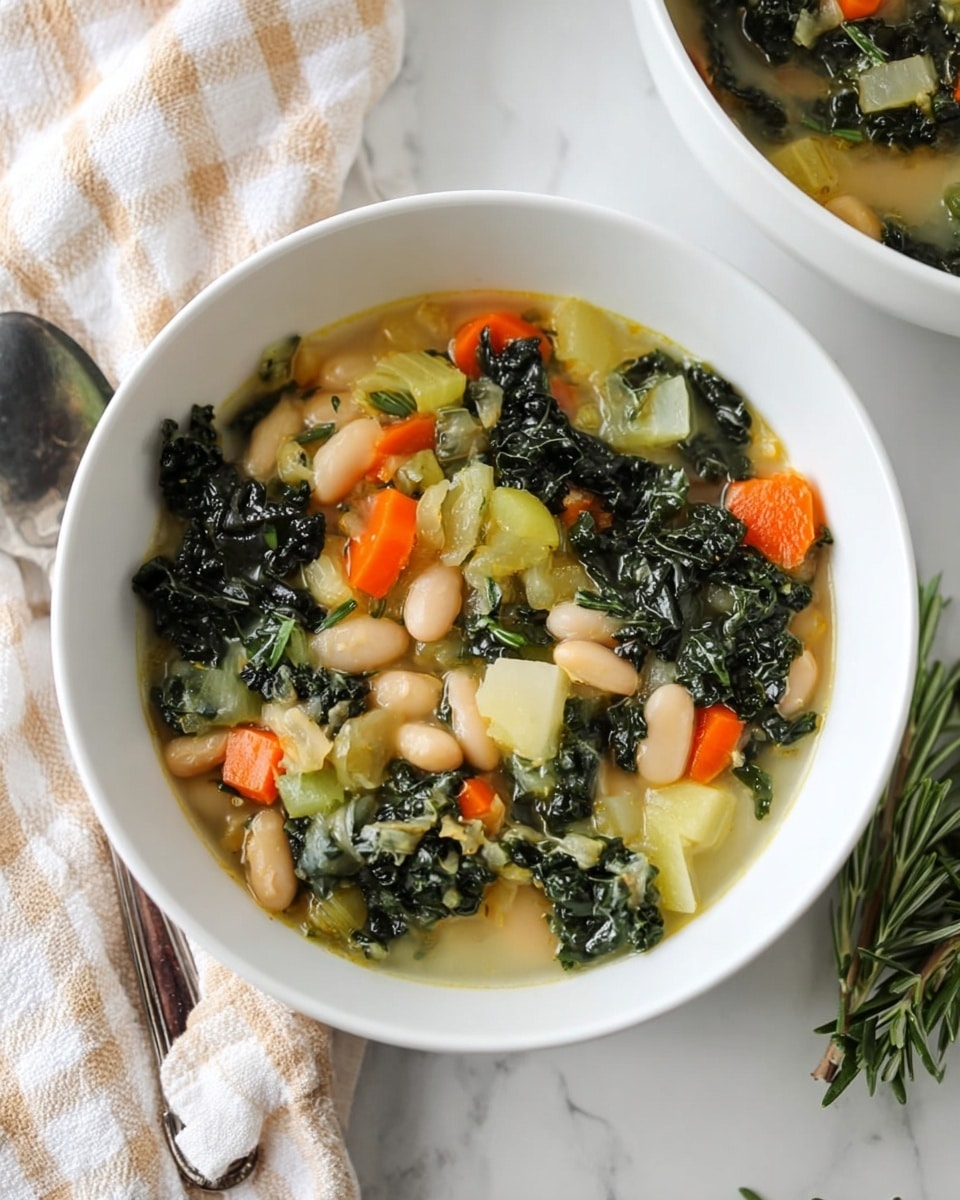 A white bowl filled with a colorful vegetable and white bean soup is placed on a white marbled surface. The soup has visible layers of ingredients including dark green leafy kale, light green celery, orange carrot pieces, white beans, and a light broth that fills the bowl. Next to the bowl is a silver spoon resting on a cream and light gray checkered cloth. To the right side of the bowl, there is a fresh sprig of rosemary on the white marbled surface, and a glimpse of a white bowl filled with more of the same soup is seen in the upper right corner. photo taken with an iphone --ar 4:5 --v 7