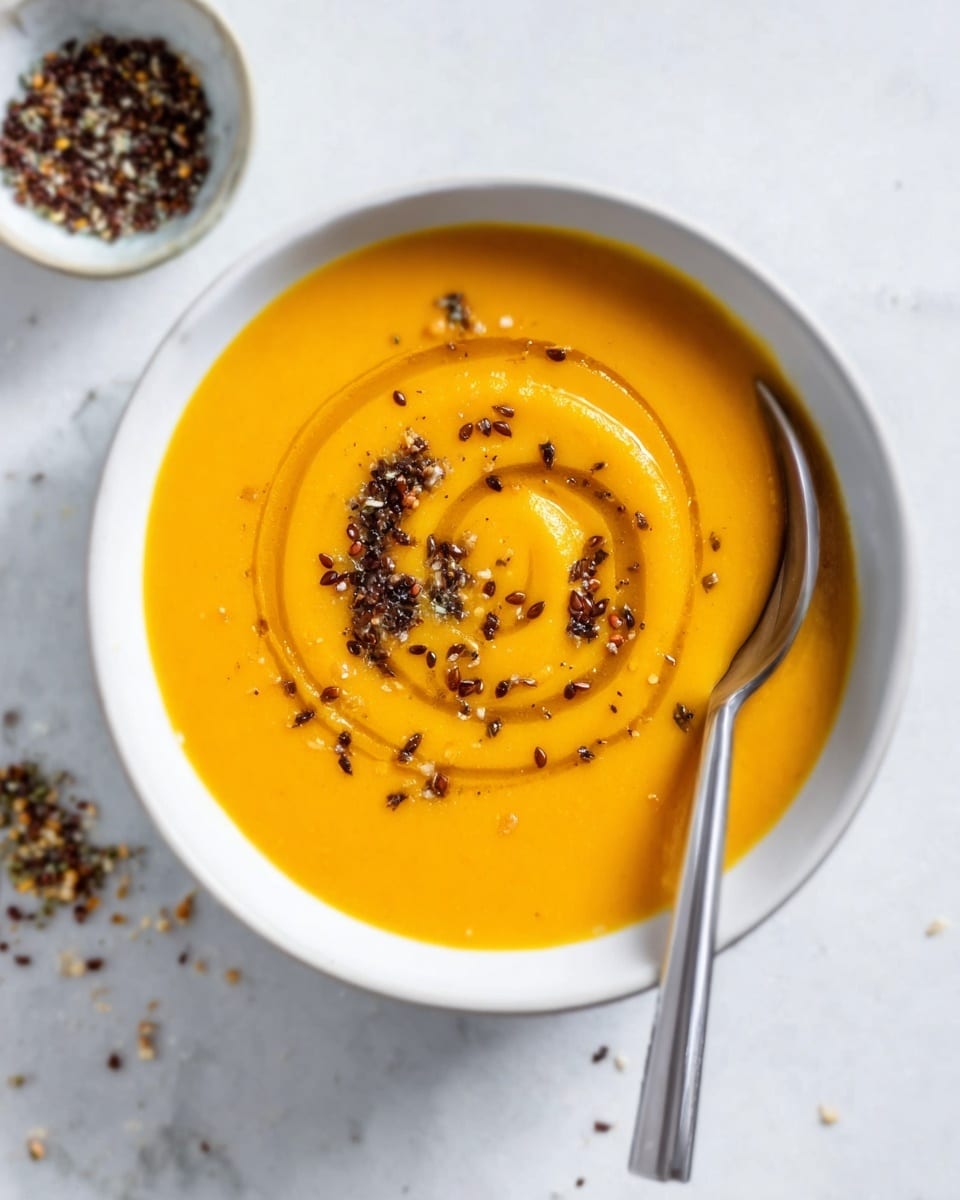 A white bowl filled with smooth, orange soup, topped with a swirl of dark seeds and small bits of seasoning forming a loose spiral in the center. A spoon with a long handle rests inside the bowl on the right side. The bowl is placed on a white marbled surface with some scattered seeds and droplets around it. Photo taken with an iphone --ar 4:5 --v 7