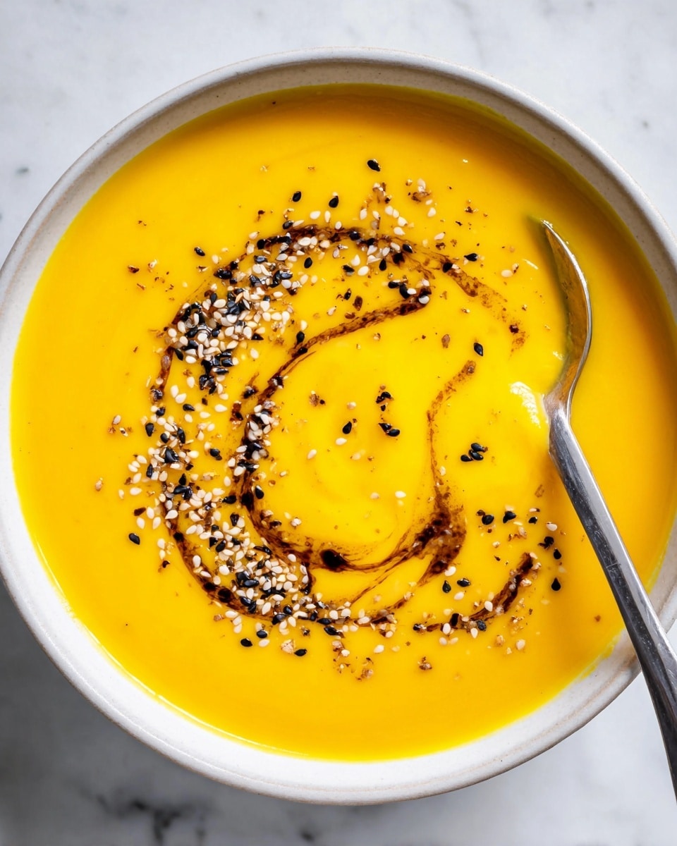 A bowl of smooth bright yellow soup fills the white bowl almost to the top, with a shiny swirl of dark brown oil mixed with white and black sesame seeds spread in a rough circle near the center. Tiny black pepper flakes are scattered on the surface, adding texture to the creamy soup. A silver spoon rests inside the bowl on the right side, slightly submerged. The whole bowl sits on a white marbled surface. photo taken with an iphone --ar 4:5 --v 7