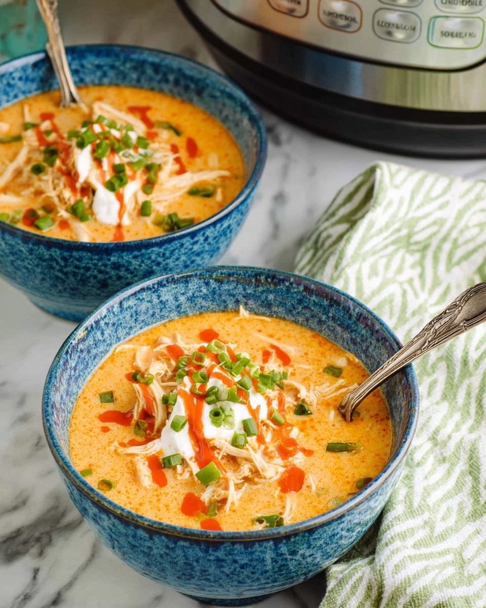 Two blue ceramic bowls filled with creamy orange soup sit on a white marbled surface. Each bowl has a rich, smooth base layer with visible chunks of shredded chicken and finely chopped green onions sprinkled on top. There is a dollop of white sour cream on each, drizzled with a bright red hot sauce. One bowl holds a silver spoon resting inside, and a white and green striped cloth is nearby. An Instant Pot cooker is visible in the background. photo taken with an iphone --ar 4:5 --v 7