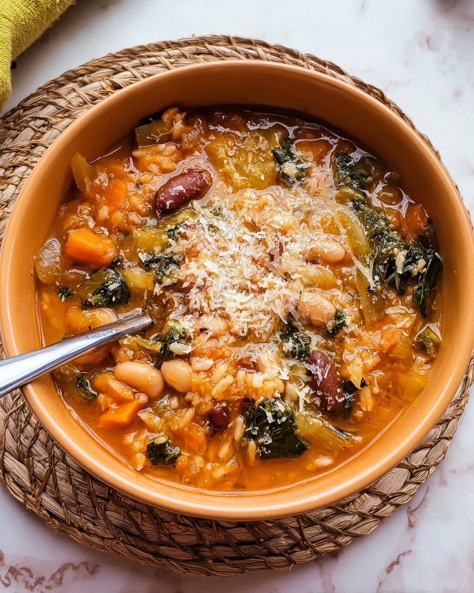 A deep round bowl filled with a thick vegetable soup showing three main layers: the bottom layer is orange with chunks of soft vegetables and beans, the middle layer is light brown with visible pieces of greens and grains like rice, and the top layer is sprinkled with a fine white grated cheese. A metal spoon rests inside the bowl on the left side, partially immersed in the soup. The bowl is set on a white marbled texture, surrounded by a round woven placemat. photo taken with an iphone --ar 4:5 --v 7