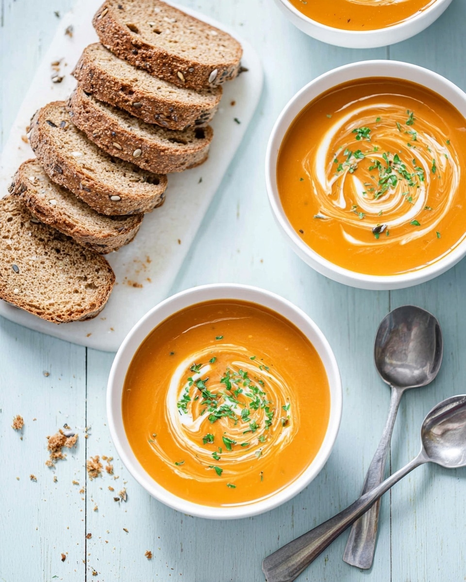 Three white bowls filled with smooth orange soup topped with white cream swirled in circular patterns and sprinkled with chopped green herbs are placed on a white marbled textured surface with light blue planks. To the left of the bowls, there are several slices of multi-seed bread showing a light brown color and a coarse texture with visible seeds and grains stacked slightly overlapping each other. Two silver spoons are lying on the surface near the bottom right corner of the image, adding a shiny metallic contrast. Small crumbs are scattered around the bread slices on the white marbled textured surface. Photo taken with an iphone --ar 4:5 --v 7