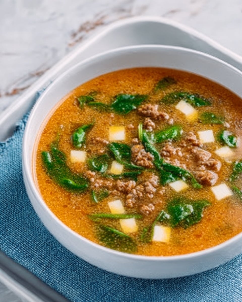 A white bowl filled with a warm orange broth that has a slightly thick texture. Inside the broth, there are small white cheese cubes scattered evenly across the surface. Bright green spinach leaves float on top, adding a fresh look with their vibrant color and slight shine. Small bits of browned ground meat are mixed throughout the soup, giving it a hearty appearance. The bowl is placed on a white tray with a blue cloth to the side, all resting on a white marbled surface. Photo taken with an iphone --ar 4:5 --v 7