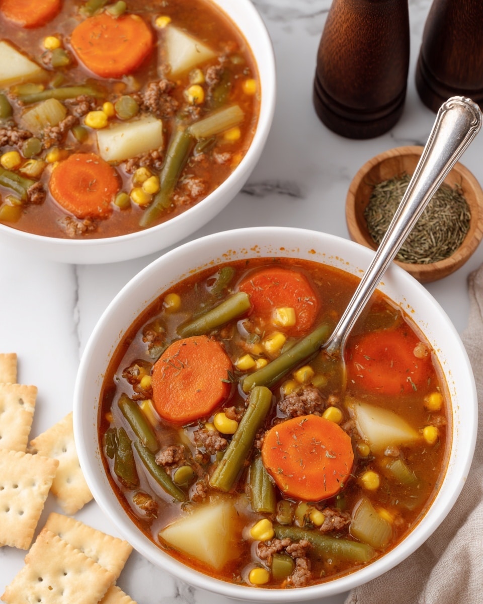 The image shows two white bowls filled with a thick vegetable beef soup. The soup has visible large slices of bright orange carrots, green beans, yellow corn, green peas, chunks of white potatoes, and bits of ground beef in a rich brownish-red broth. Each bowl is full, and a silver spoon rests in the front bowl, partially submerged in the soup. Around the bowls, there are beige square crackers scattered and a small wooden bowl filled with dried herbs. In the background, there are two dark brown pepper shakers on a white marbled surface. photo taken with an iphone --ar 4:5 --v 7