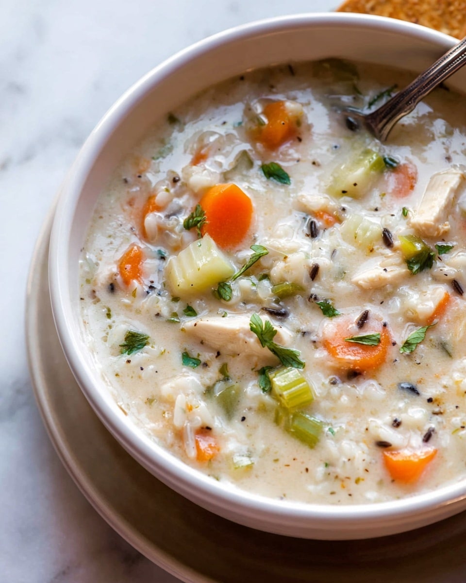 A close-up view of a bowl filled with creamy chicken and vegetable soup, showing chunks of white chicken, round orange carrot slices, green celery pieces, and small chopped herbs scattered on top. The soup has a thick, milky white broth with visible bits of black pepper and rice, giving a rich texture. The bowl is white and placed on a matching white plate, all set on a white marbled surface. A metal spoon is partially dipped into the soup ready for eating. photo taken with an iphone --ar 4:5 --v 7