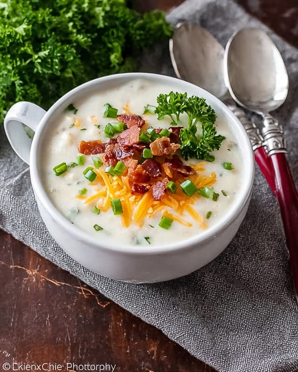 A white bowl filled with thick, creamy white soup sits on a dark wooden surface with a grey cloth beside it. The soup is topped with three distinct sections: finely shredded orange cheddar cheese, small pieces of crispy brown bacon, and a scattering of bright green sliced scallions. A small bunch of fresh green parsley rests on one edge of the soup, adding a touch of leafy color. Beside the bowl, two silver spoons with red handles lie on the surface. The overall scene is cozy and inviting against a white marbled textured background. photo taken with an iphone --ar 4:5 --v 7