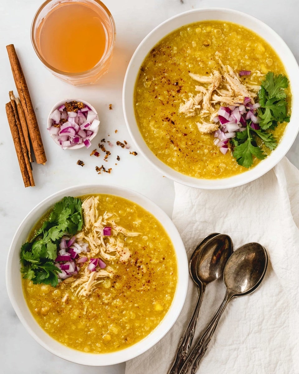 Two white bowls of thick yellow lentil soup are placed on a white marbled surface. Each bowl has a smooth soup base with soft grainy texture and small chunks of lentils. One bowl shows shredded chicken pieces scattered on top. Both bowls have a garnish of chopped red onion with purple and white tones, along with fresh green cilantro leaves on one side of the bowl. Black seeds are lightly sprinkled near the garnish. Next to the bowls, two silver spoons rest on a white cloth. Nearby, two sticks of brown cinnamon lie next to a clear glass of light orange drink. Photo taken with an iphone --ar 4:5 --v 7