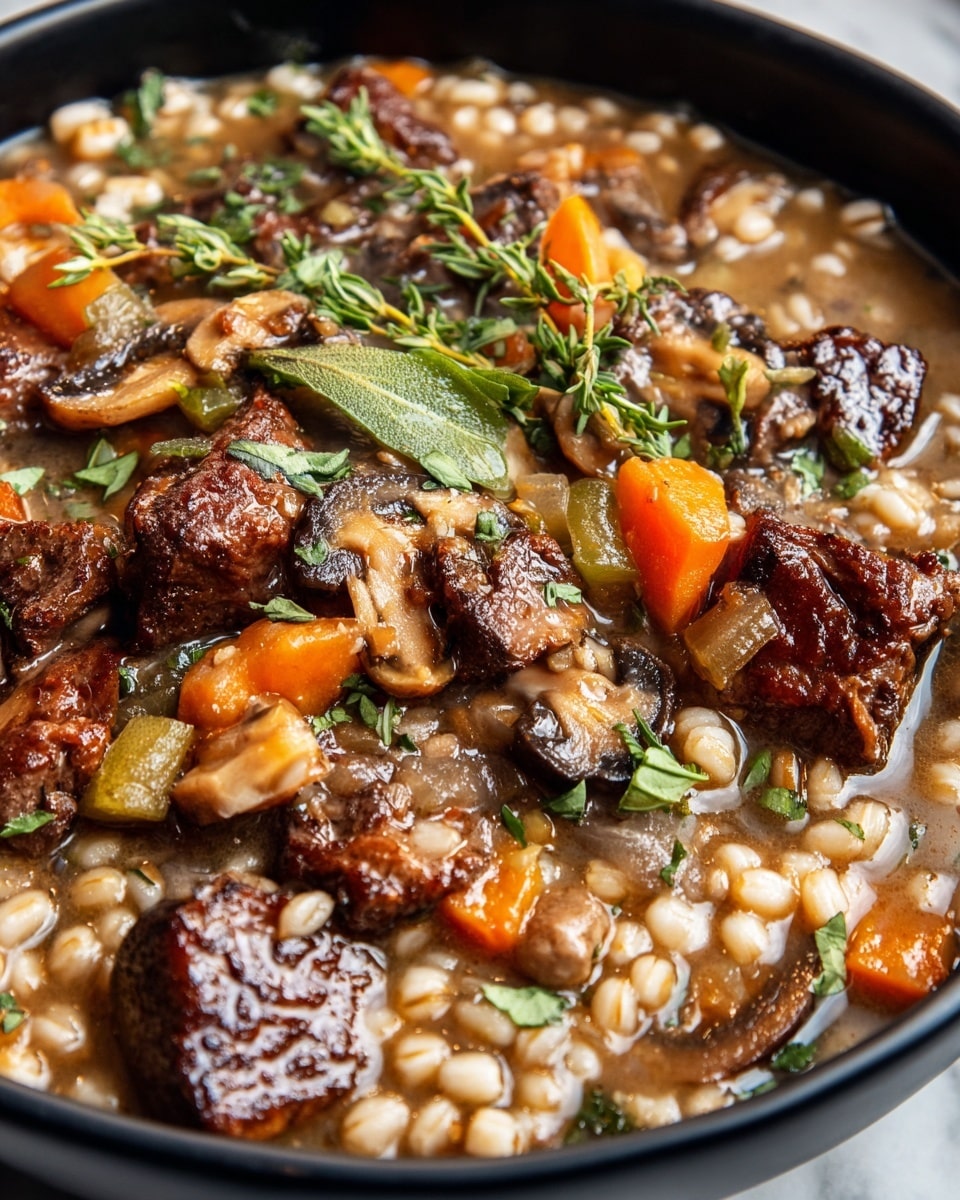 The image shows a close-up of a hearty stew in a black bowl, placed on a white marbled surface. The stew contains several thick layers including dark brown, seared beef chunks with a rich, slightly crispy texture, small bright orange carrot cubes scattered evenly throughout, light beige pearl barley grains that add a soft texture, and pieces of sautéed mushrooms with a golden-brown finish. Fresh green herbs like sprigs of thyme and parsley leaves are layered on top, adding a fresh look. The broth is light brown and slightly glossy, coating all ingredients and filling the bowl nearly to the top. photo taken with an iphone --ar 4:5 --v 7
