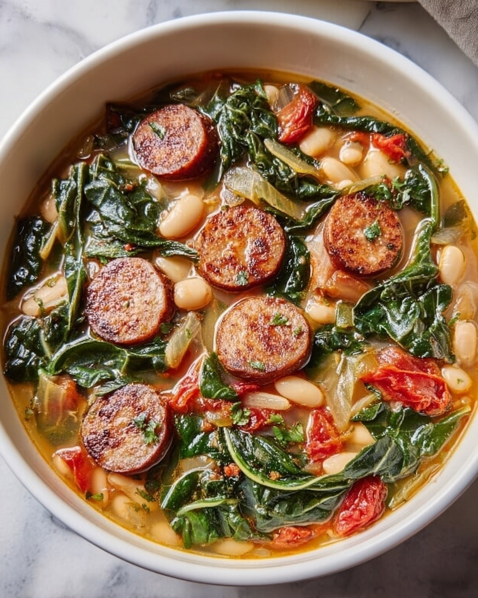 The dish is a bowl of soup with several layers visible: the base is a light golden broth with a slightly oily texture, floating white beans scattered around; leafy green and red chard pieces with a soft, wilted texture spread evenly throughout; bright red diced tomatoes adding small pops of color; and six round slices of browned sausage sitting on top, with a slightly crispy surface. The bowl is white, set on a white marbled surface. photo taken with an iphone --ar 4:5 --v 7