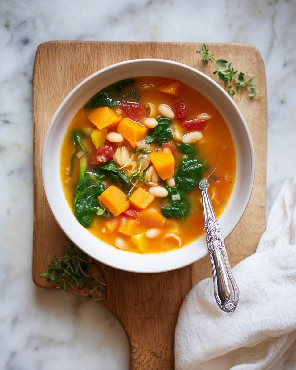 A bowl of vegetable soup with a clear orange broth fills a white bowl placed on a wooden board over a white marbled surface. The soup shows many layers: tender green spinach leaves float on top, along with thick, cubed bright orange carrots and yellow squash. White beans and small pasta pieces shaped like little bows are scattered throughout, with soft red tomato chunks adding color. A silver spoon with a detailed handle rests inside the bowl on the right side. Some fresh green herbs decorate the soup's surface, and a white cloth lies to the bottom right of the board. photo taken with an iphone --ar 4:5 --v 7