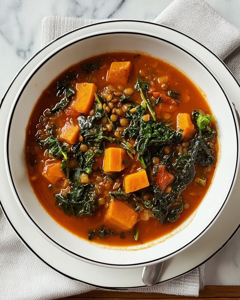 A white bowl filled with a thick soup showing multiple layers: the bottom layer is a clear orange broth, the middle layer has diced orange sweet potatoes and bright green leafy kale mixed with light brown lentils and small carrot pieces, and on top, two toasted slices of bread are placed leaning against the edge of the bowl, with visible grill marks and specks of seasoning. The bowl sits on a white marbled surface with a blue checked cloth partially visible underneath the bowl’s edge. photo taken with an iphone --ar 4:5 --v 7